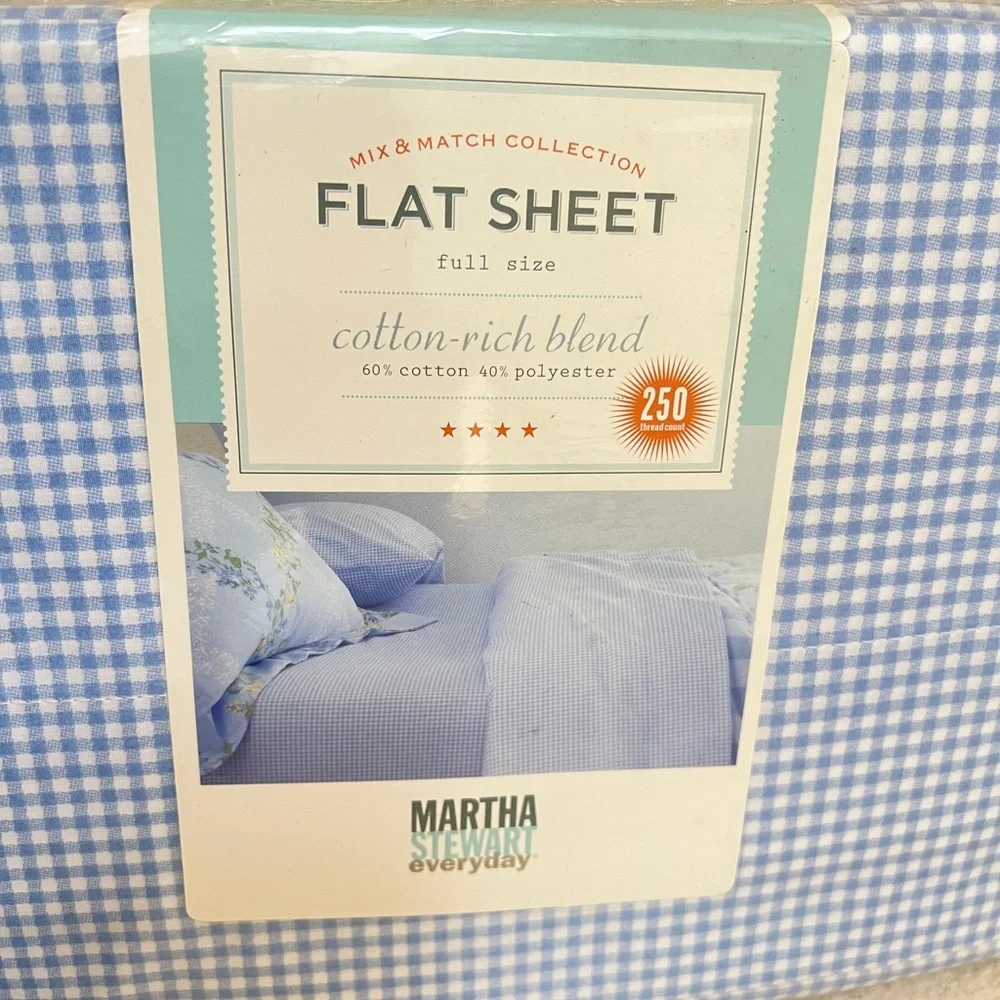 VTG NIP Martha Stewart Everyday Cornflower Blue Gingham Full size‎ Flat Sheet